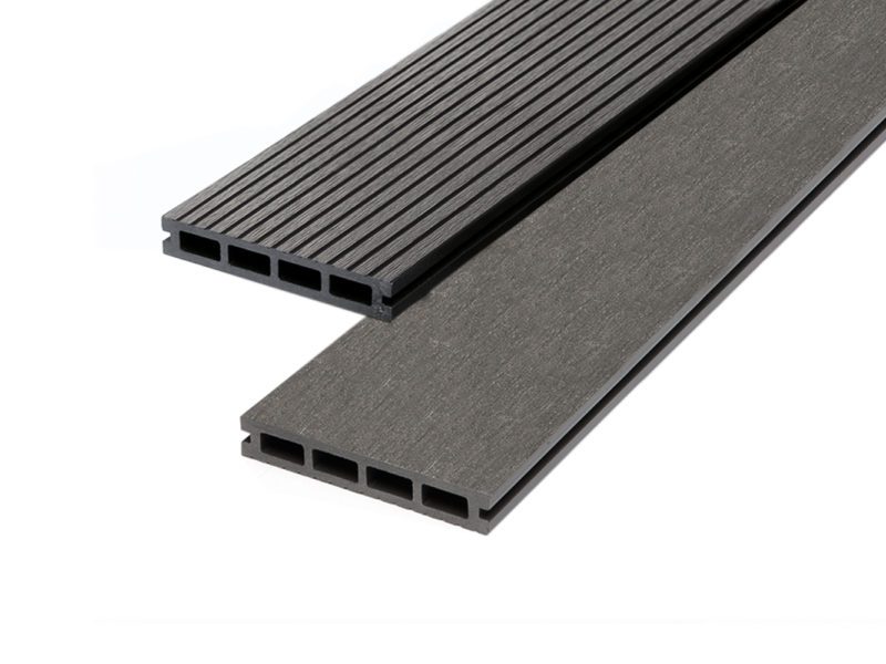 A stock photo of a charcoal composite decking board
