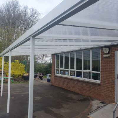 Outdoor school canopy installation in South Yorkshire – polycarbonate roof with powder-coated frame