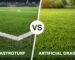 Split comparison image showing AstroTurf sports surface on one side and artificial grass garden lawn on the other