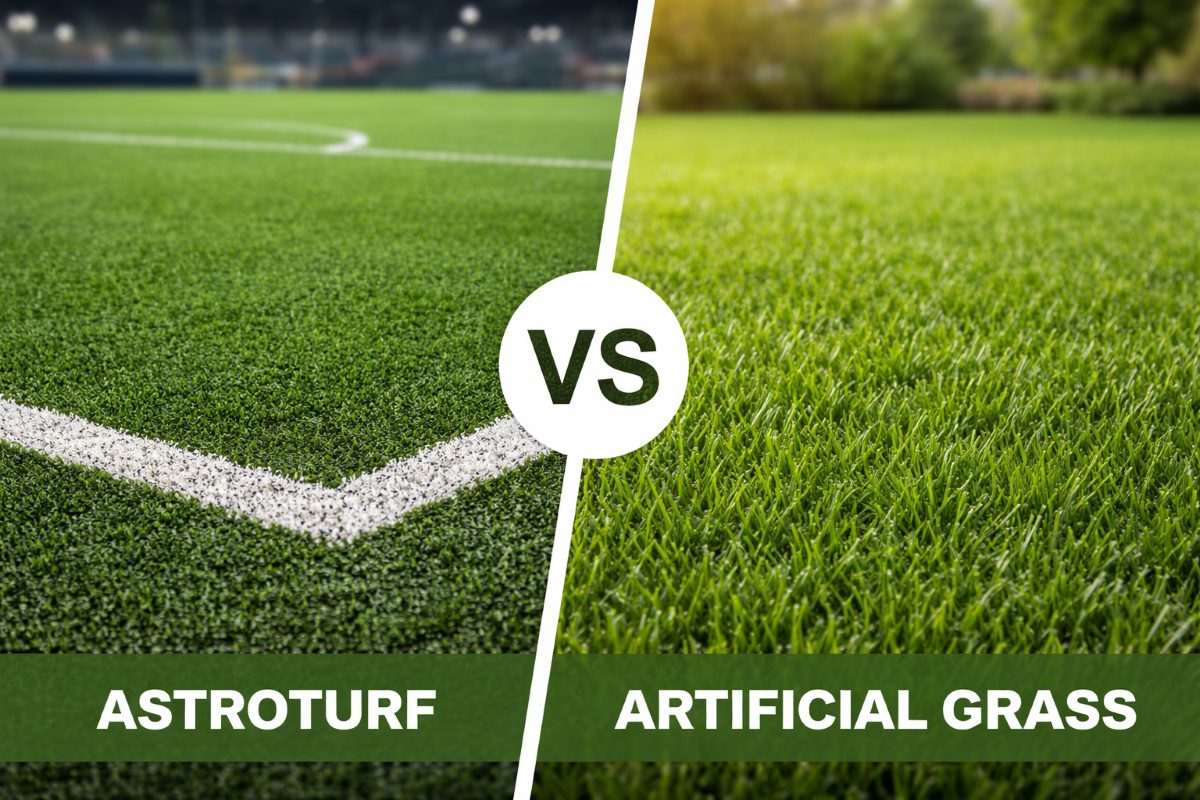 Split comparison image showing AstroTurf sports surface on one side and artificial grass garden lawn on the other
